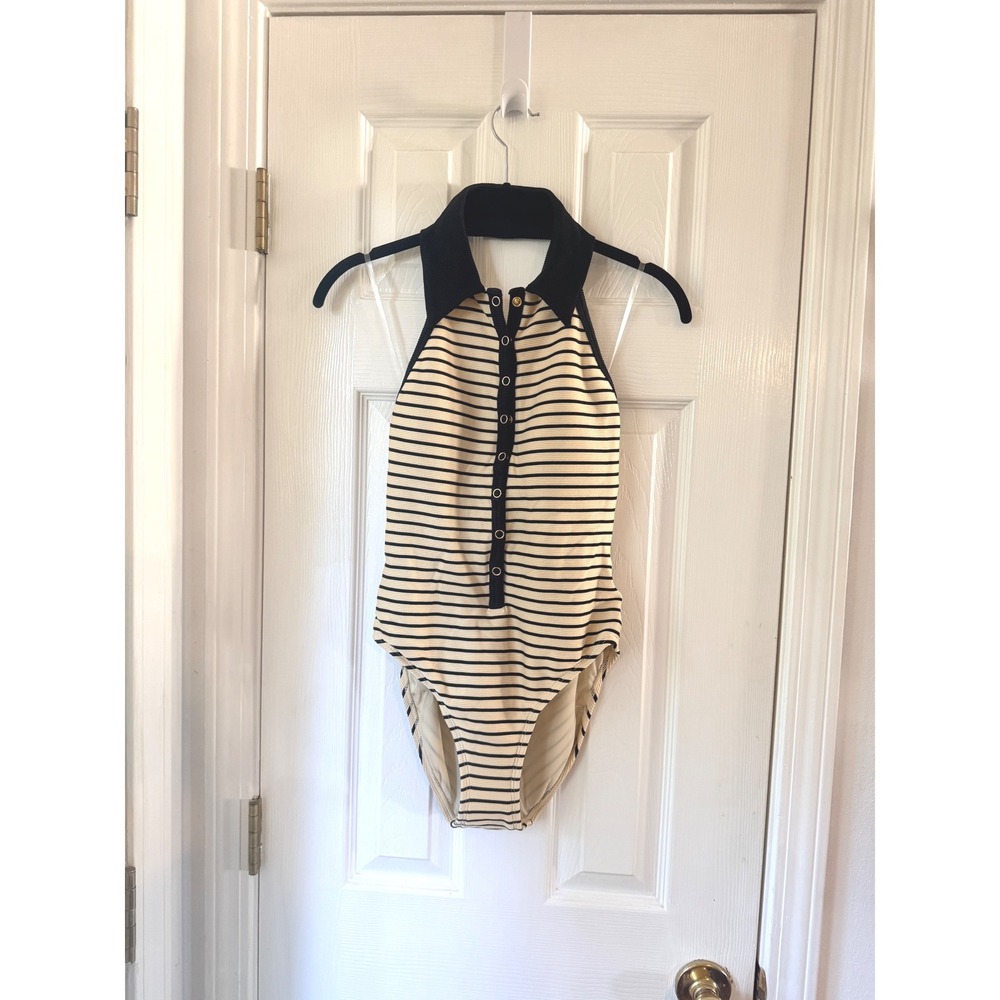 Robin Piccone Parker One Piece Swimsuit Ecru Black Striped Polo Halter 6 NWT